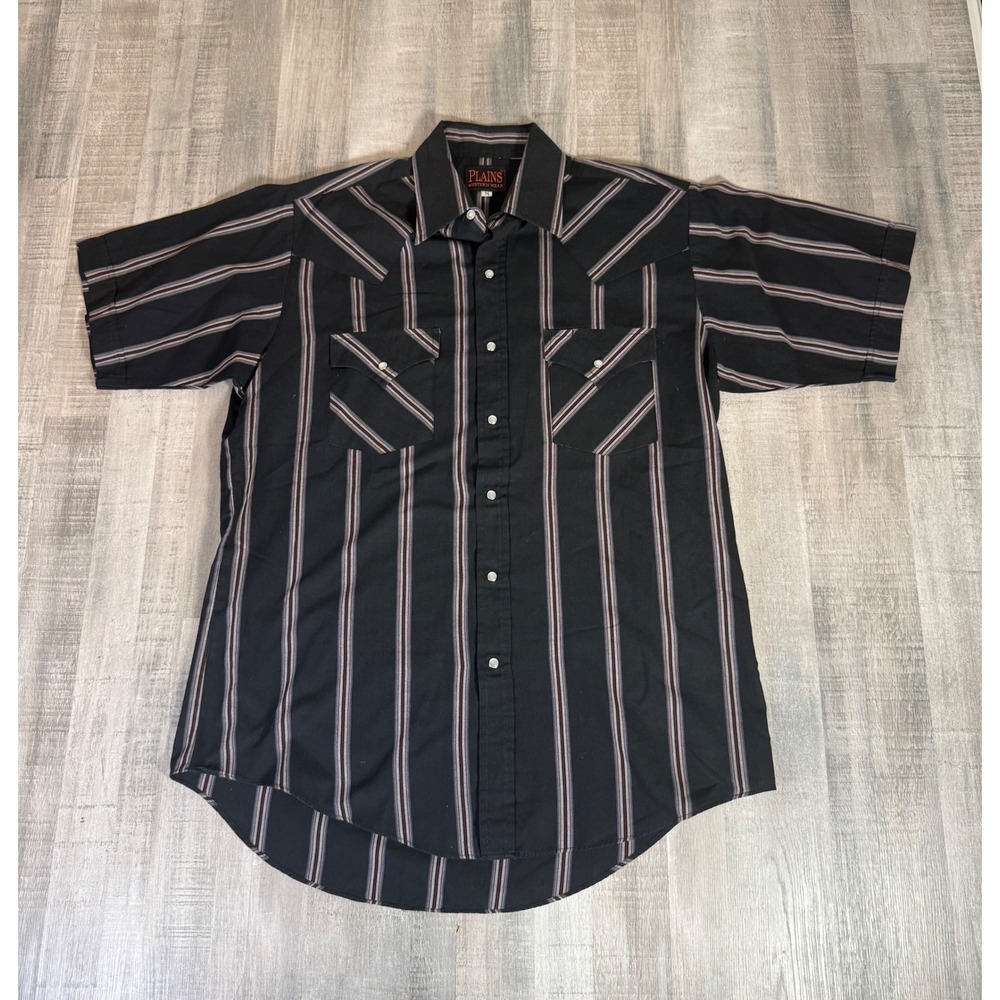 Plains Western Wear Mens Black Striped Short Sleeve Pearl Snap Shirt Medium